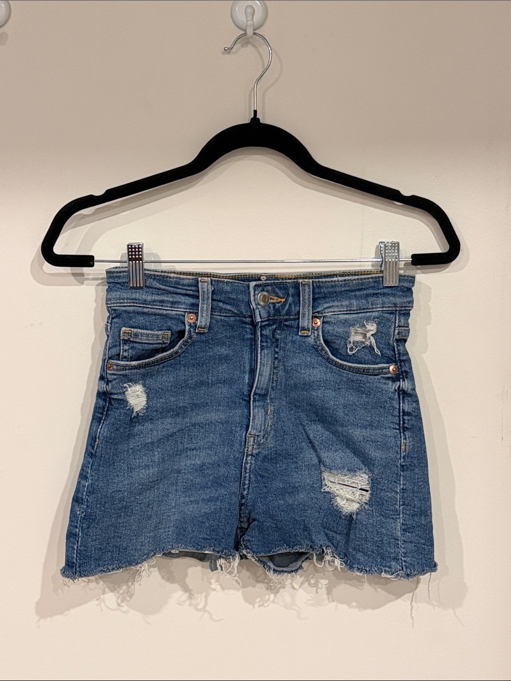 H&M Distressed High-Rise Denim Shorts - Blue